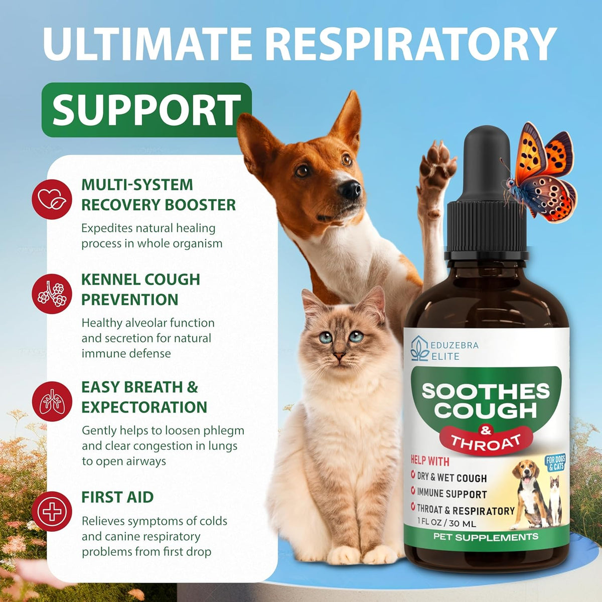 Pet supplement bottle with a dog and cat on a blue background, highlighting respiratory support.