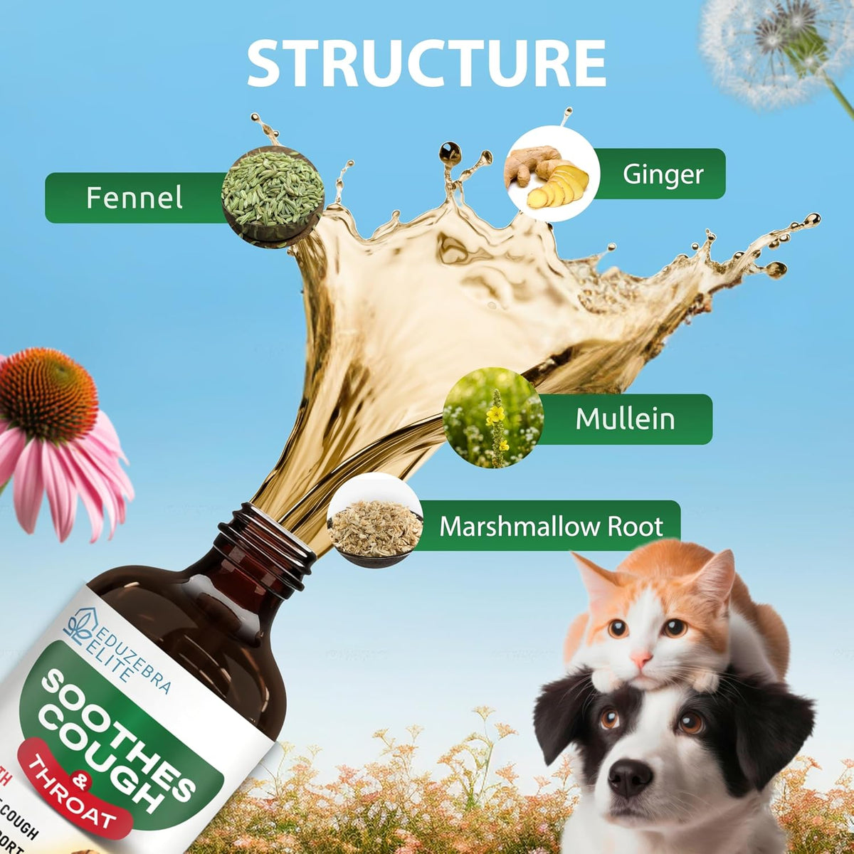 Bottle of 'Eduzebra' cough syrup with ingredients labeled and animals in the background