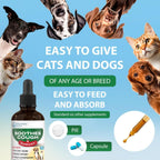 Pet supplement product with images of cats and dogs and text highlighting ease of use.