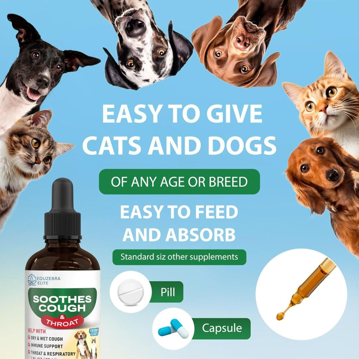 Pet supplement product with images of cats and dogs and text highlighting ease of use.