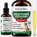 Eduzebra pet supplement bottle labeled 'Soothes Cough & Throat' shown with a smaller dropper bottle and a glass measuring cup containing the yellow liquid, on a white background.