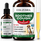 Eduzebra pet supplement bottle labeled 'Soothes Cough & Throat' shown with a smaller dropper bottle and a glass measuring cup containing the yellow liquid, on a white background.