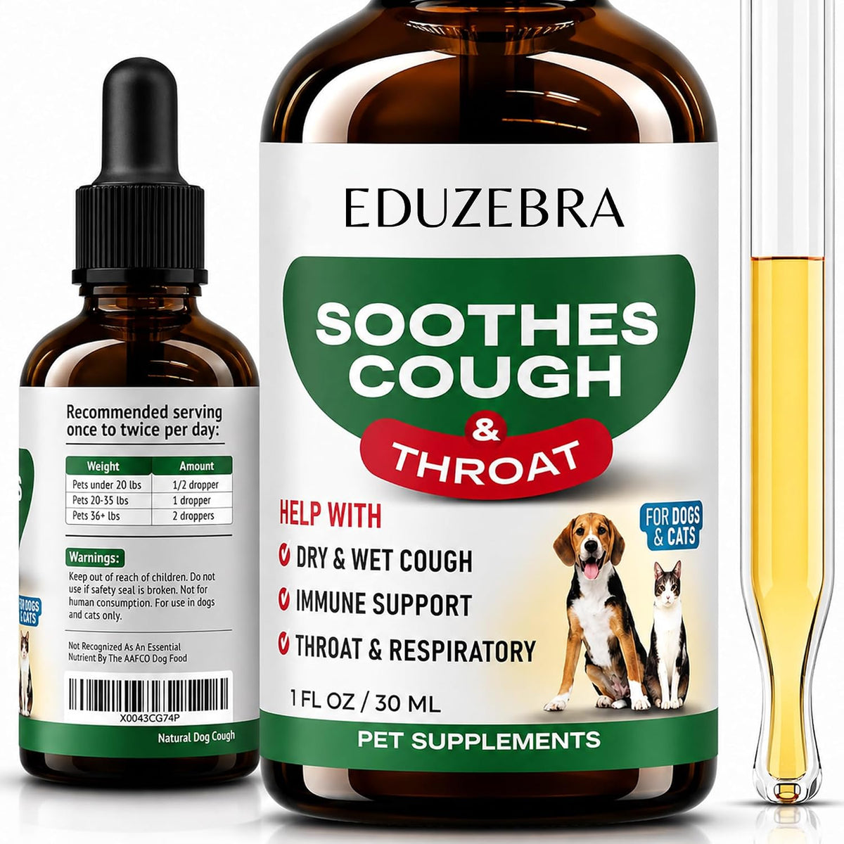 Eduzebra pet supplement bottle labeled 'Soothes Cough & Throat' shown with a smaller dropper bottle and a glass measuring cup containing the yellow liquid, on a white background.