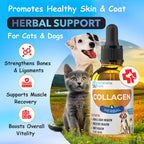 A bottle of Elemental Suite Collagen & Herbal liquid supplement for cats and dogs, shown next to a gray kitten and a white dog against a scenic landscape background, with promotional text highlighting benefits for healthy skin, bones, muscle recovery, and overall vitality.
