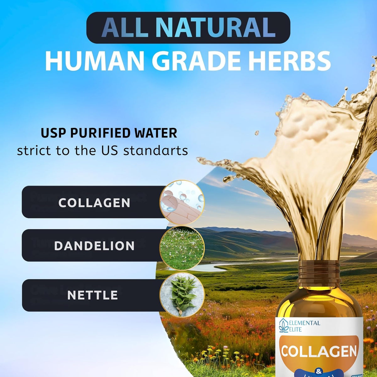 Bottle of collagen supplement with natural ingredients and scenic background