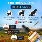 Promotional graphic for a pet collagen supplement dropper bottle, showing silhouettes of a cat, dog, and larger dog to explain dosage by size, plus usage icons for food bowl, oral use, and water bowl. Text reads 'FOR DOGS & CATS OF ALL SIZES' and '3 WAYS TO USE.