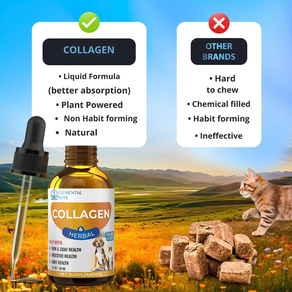 Collagen supplement bottle with dropper and comparison chart against other brands, set against a scenic background.
