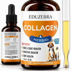 Eduzebra brand pet supplement bottle with a dropper, shown alongside a small vial of yellow liquid and a recommended serving size chart on a white background.