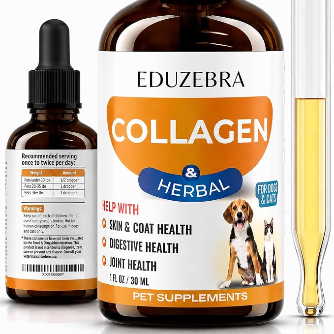 Eduzebra brand pet supplement bottle with a dropper, shown alongside a small vial of yellow liquid and a recommended serving size chart on a white background.