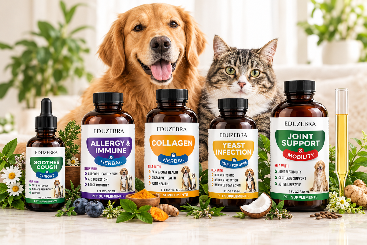 Four Eduzebra pet supplement bottles arranged on a marble surface with a golden retriever and a tabby cat behind them. The products include Soothe Cough, Allergy & Immune, Collagen, and Yeast Infection, with additional herbs and ingredients around them.