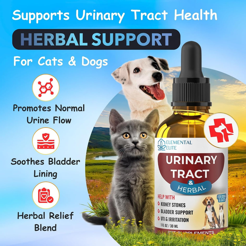 Herbal supplement bottle for cats and dogs with a dog and cat on a scenic background