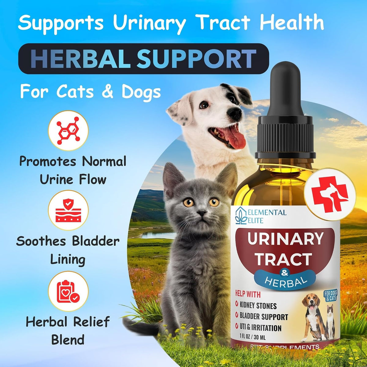 Herbal supplement bottle for cats and dogs with a dog and cat on a scenic background