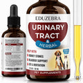 An amber glass dropper bottle of Eduzebra Urinary Tract & Herbal pet supplement shown alongside a smaller bottle of the same product and a clear glass tube containing yellow liquid, all on a white background.