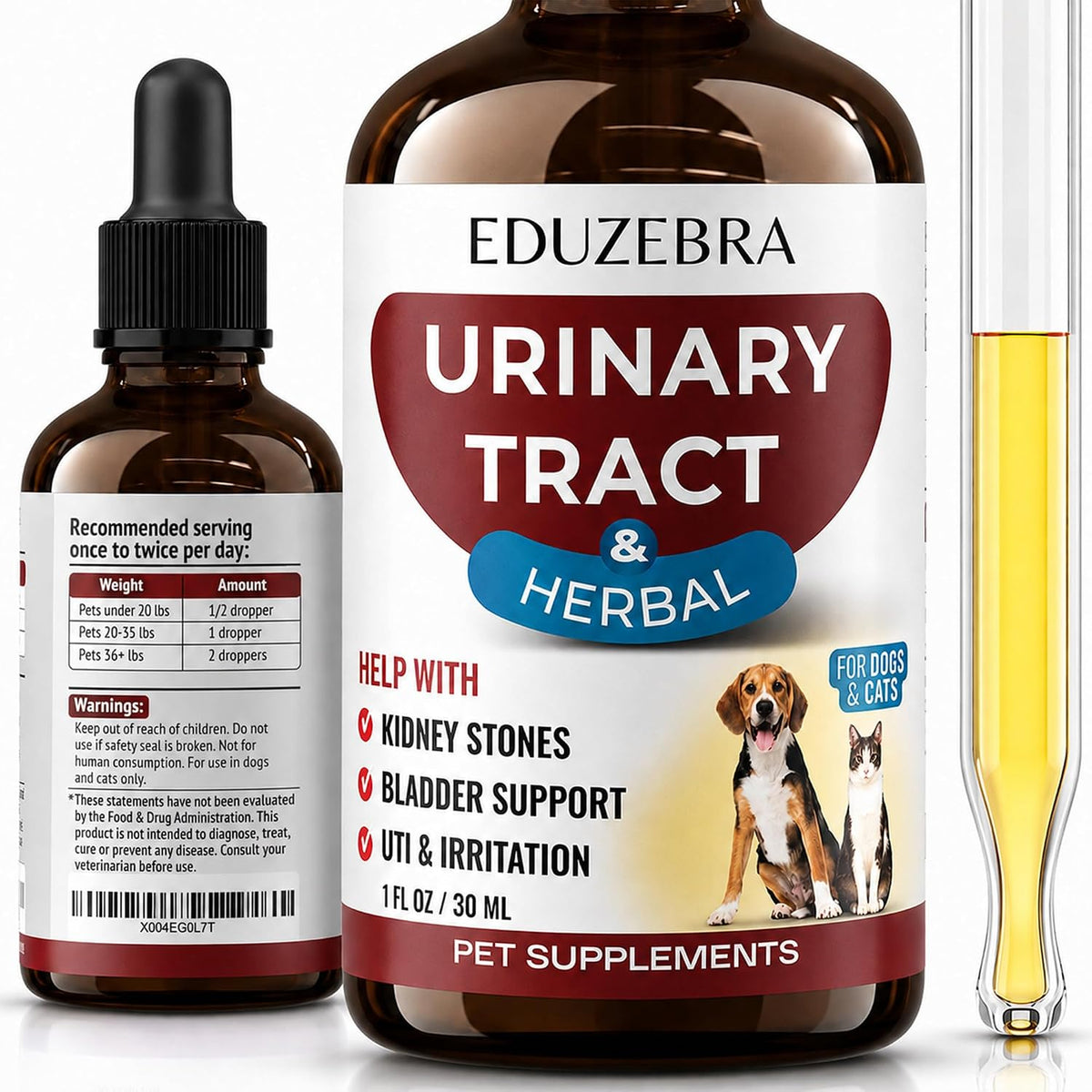 An amber glass dropper bottle of Eduzebra Urinary Tract & Herbal pet supplement shown alongside a smaller bottle of the same product and a clear glass tube containing yellow liquid, all on a white background.