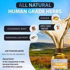 Promotional graphic for a herbal supplement bottle labeled 'Yeast Infection' by Conizenta Solutions. The image features a bottle of golden-yellow liquid on the right, with a splash effect, set against a scenic landscape background of green hills and blue sky.