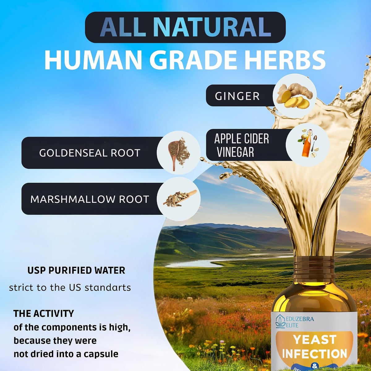 Promotional graphic for a herbal supplement bottle labeled 'Yeast Infection' by Conizenta Solutions. The image features a bottle of golden-yellow liquid on the right, with a splash effect, set against a scenic landscape background of green hills and blue sky.