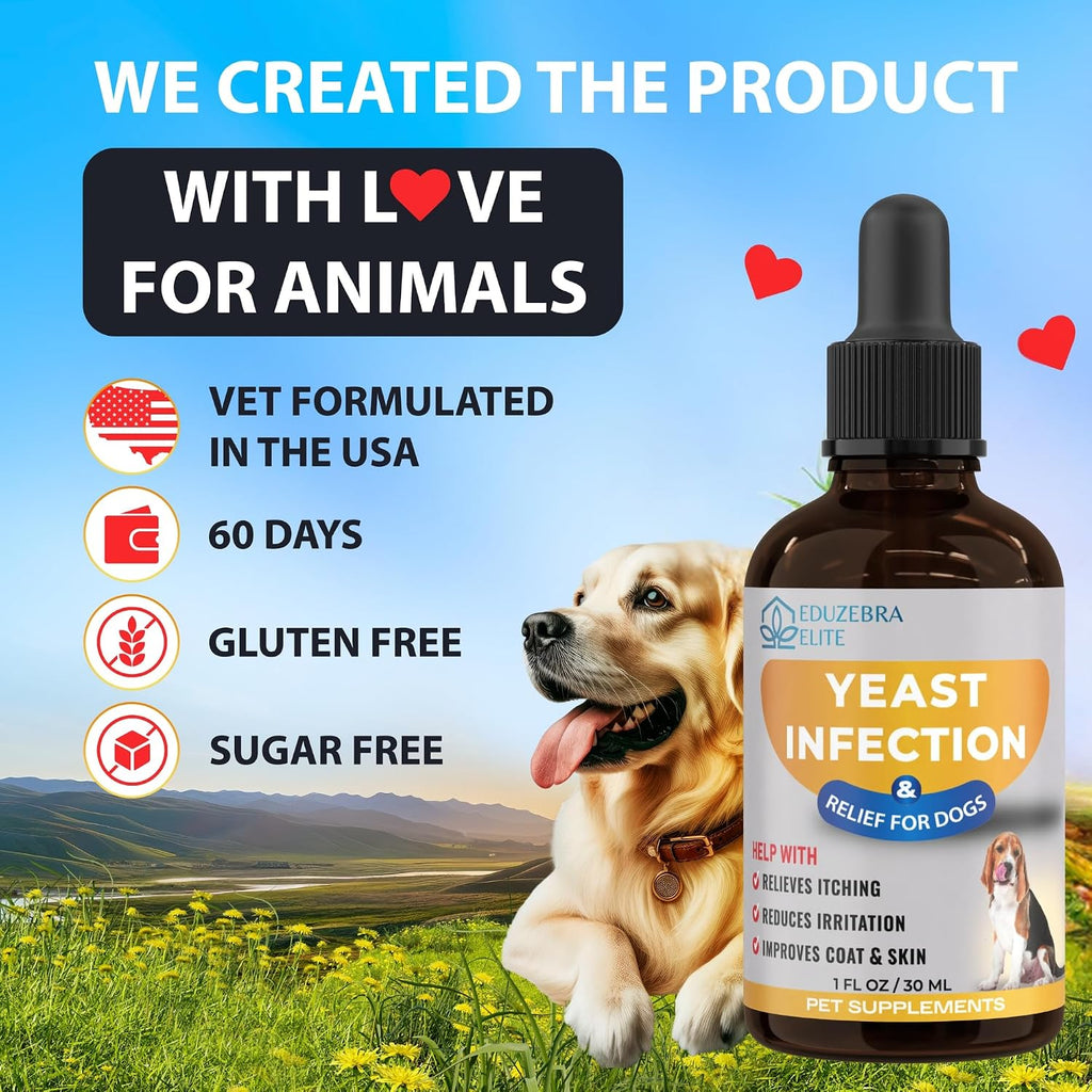 A bottle of Feludrea Elite Yeast Infection relief for dogs shown next to a golden retriever dog on a scenic background, with promotional text on the left.