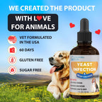 A bottle of Feludrea Elite Yeast Infection relief for dogs shown next to a golden retriever dog on a scenic background, with promotional text on the left.