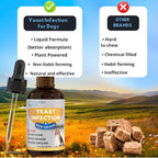 Bottle of yeast infection relief for dogs with dropper, field background, and comparison to other brands.