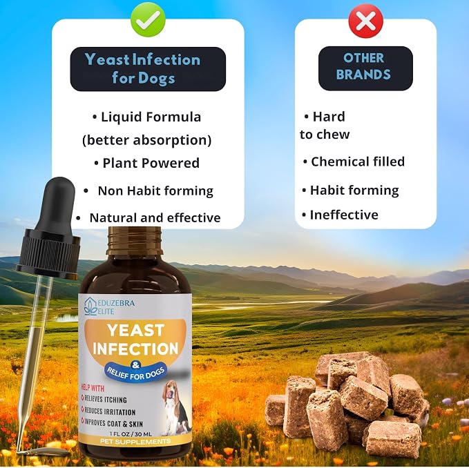 Bottle of yeast infection relief for dogs with dropper, field background, and comparison to other brands.