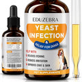 Eduzebra Yeast Infection & Relief for Dogs pet supplement set, featuring an amber dropper bottle, a larger front label bottle, and a glass vial containing yellow liquid on a white background.