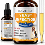 Eduzebra Yeast Infection & Relief for Dogs pet supplement set, featuring an amber dropper bottle, a larger front label bottle, and a glass vial containing yellow liquid on a white background.