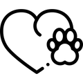 A minimalist black line icon featuring a heart and a paw print, commonly used as a pet-related symbol or logo.