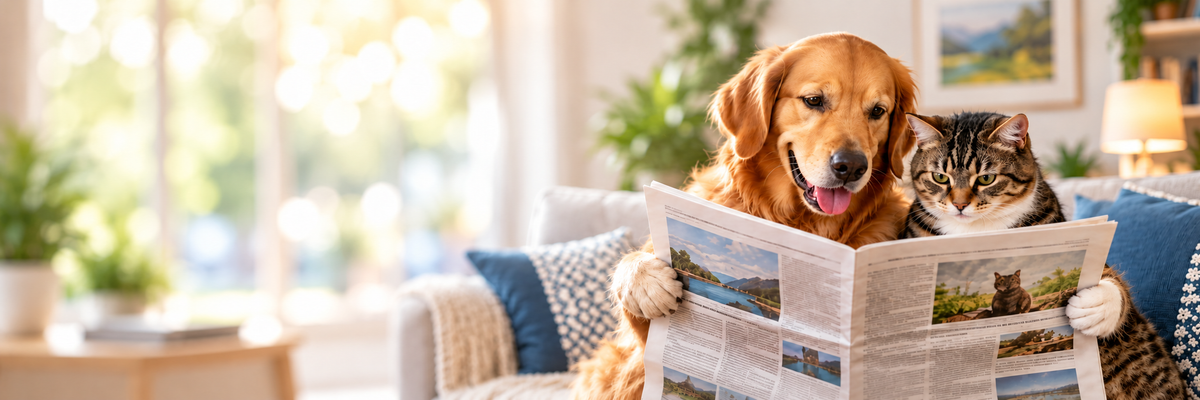 A golden retriever dog and a tabby cat sit together on a couch in a bright living room, reading a newspaper held open by their paws.