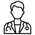 Black and white line art icon of a male doctor wearing a stethoscope, representing a medical professional.
