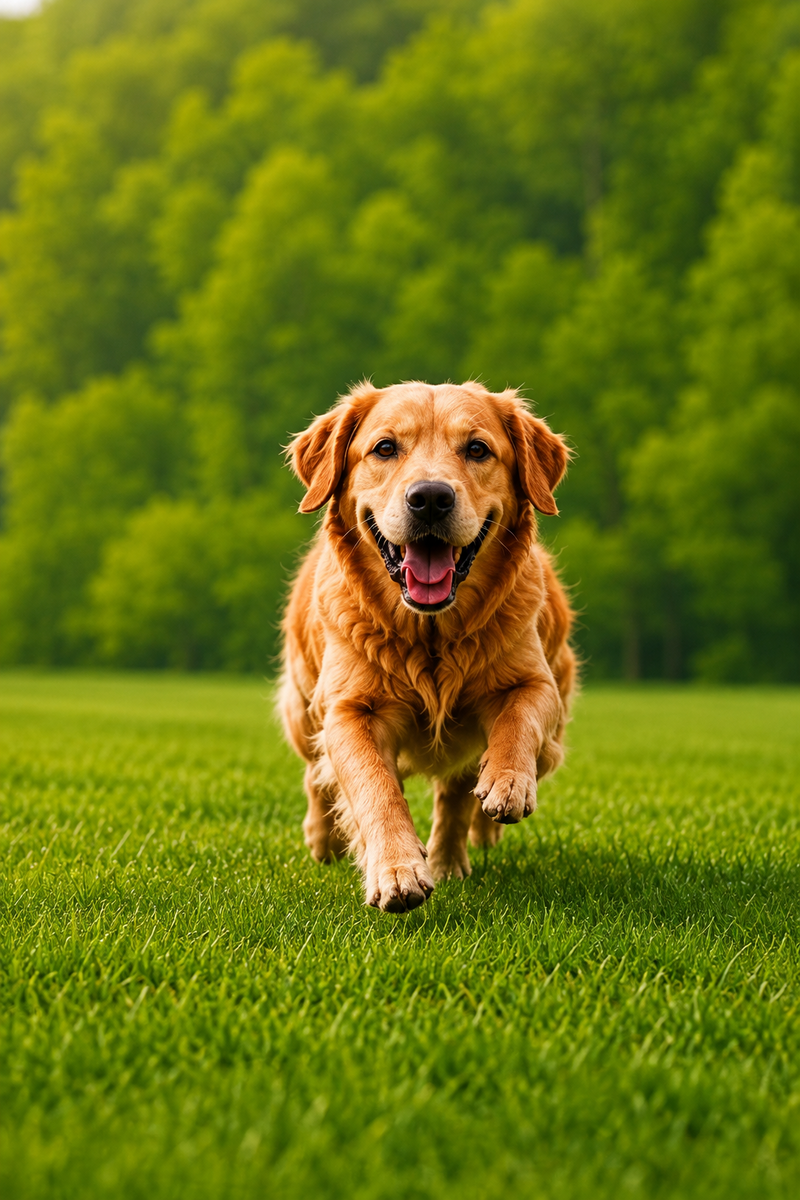 A golden retriever running toward the camera on a bright green lawn with a blurred background of trees.