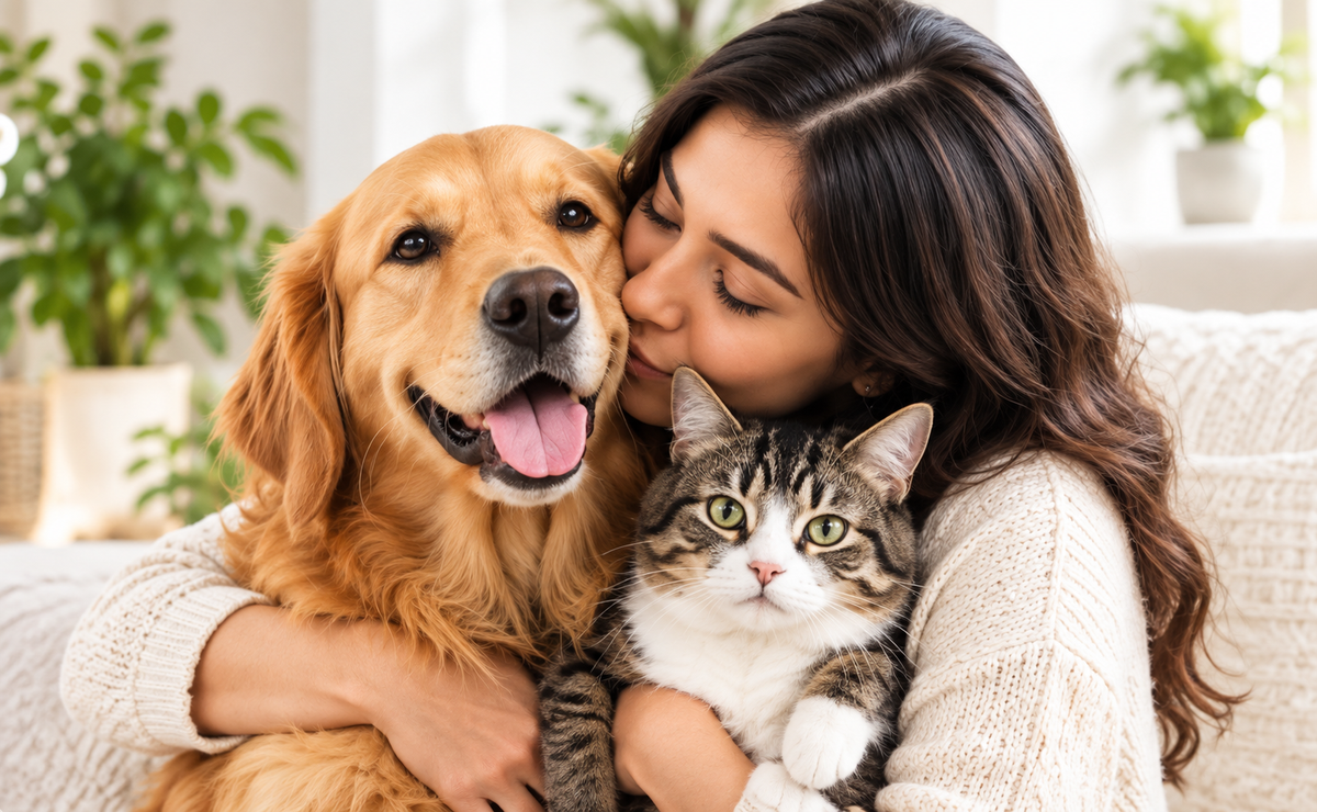 A woman in a cream knit sweater hugs a golden retriever dog and a tabby and white cat on a light-colored sofa in a bright, plant-filled room.