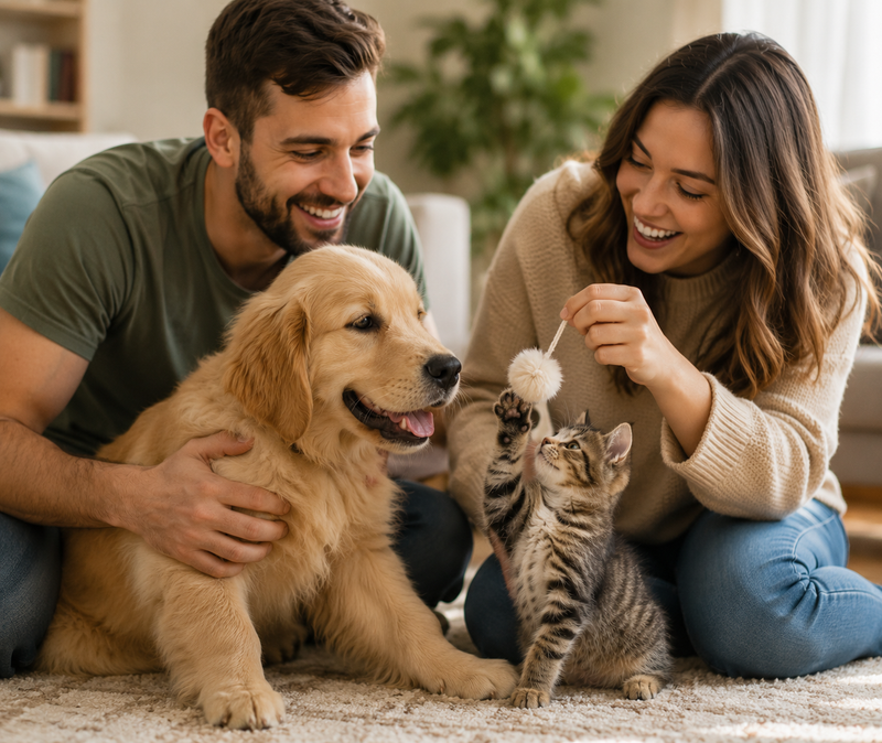 A smiling man and woman sit on a carpeted floor with a golden retriever puppy and a small tabby kitten in a bright living room. The woman holds a white pom-pom toy, and both pets reach toward it.