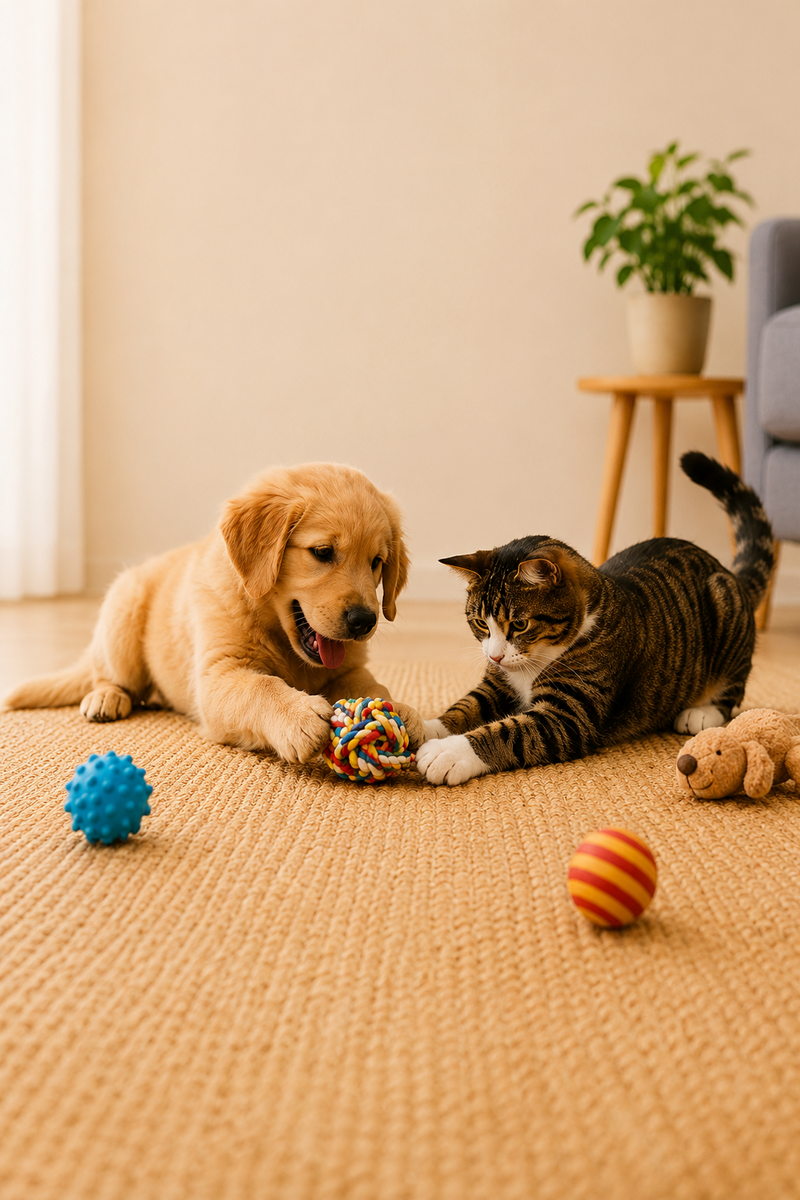 A golden retriever puppy and a tabby cat play with a small knotted toy on a beige carpeted floor in a brightly lit room. Pet balls and a stuffed toy are scattered around them.